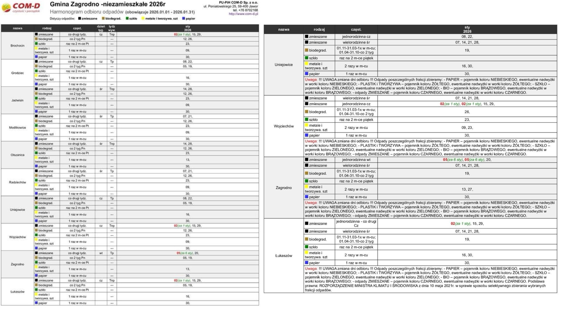 Harmonogram wywozu odpadów komunalnych w Gminie Zagrodno na styczeń