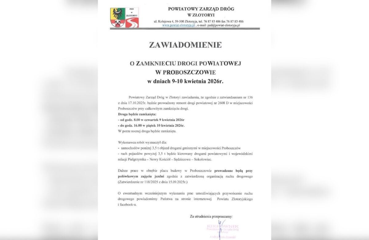 Zamknięcie drogi powiatowej w Proboszczowie – ważna informacja dla kierowców