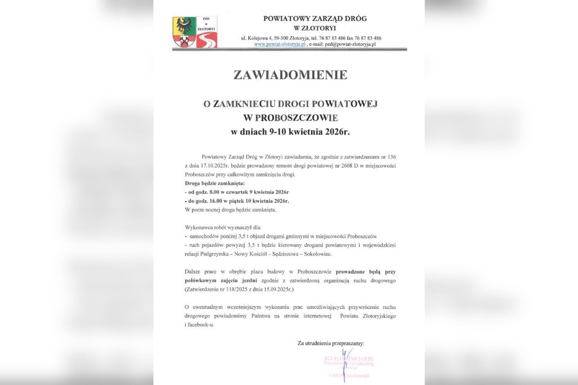 Zamknięcie drogi powiatowej w Proboszczowie – ważna informacja dla kierowców