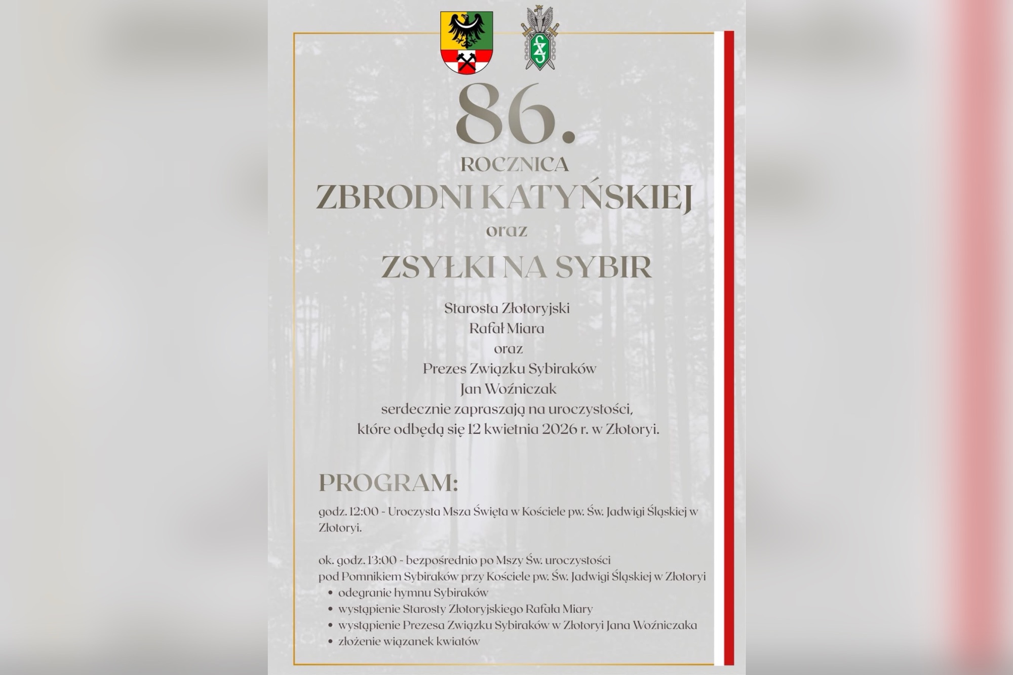 Starosta Rafał Miara zaprasza na udział w obchodach 86. rocznicy Zbrodni Katyńskiej oraz pamięci Zsyłki na Sybir.