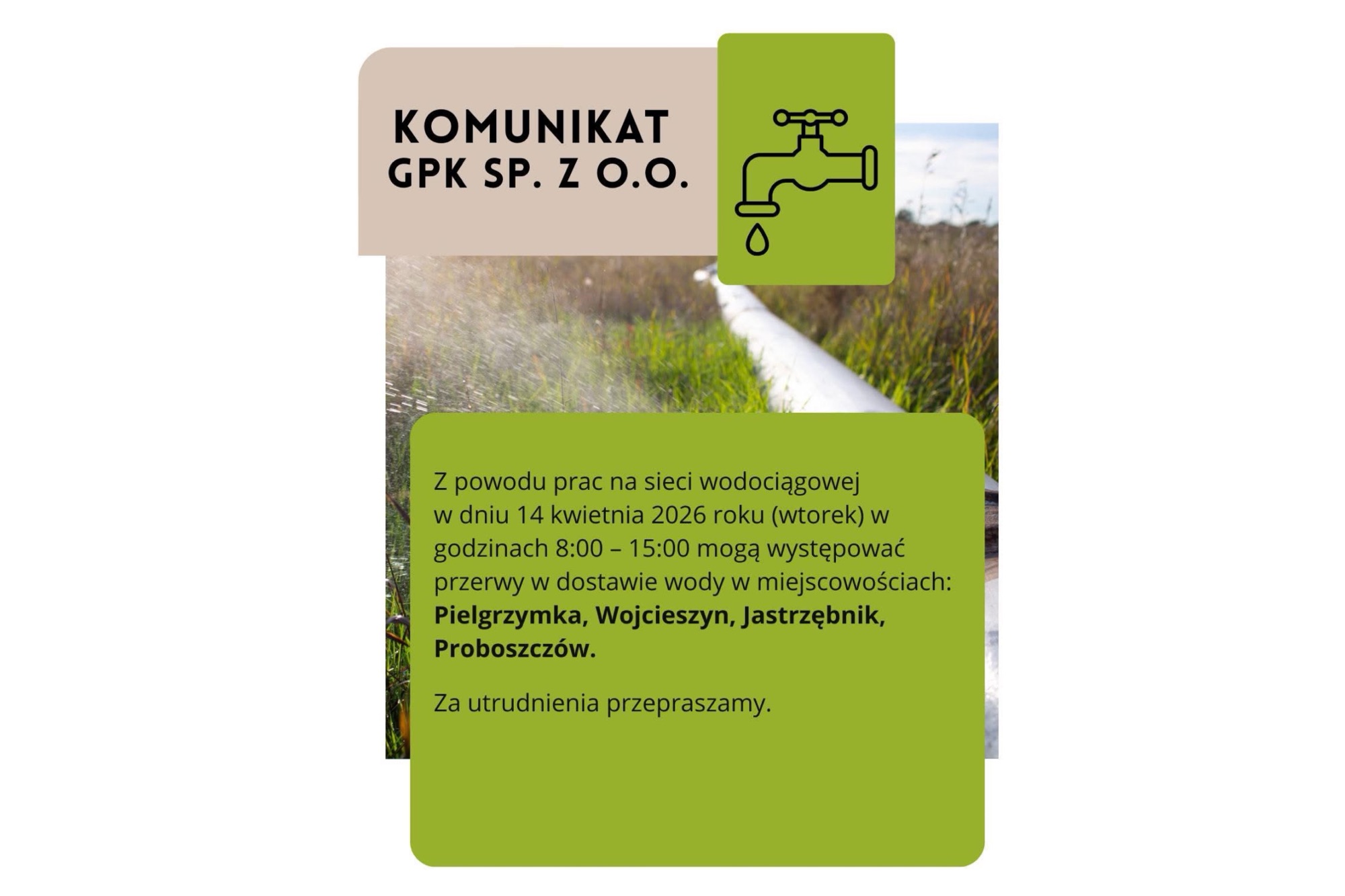 Przerwy w dostawie wody – komunikat dla mieszkańców Proboszczowa
