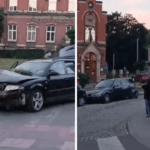 Karambol w Złotoryi przy poczcie. Trzy samochody uszkodzone,  jeden leży na boku.