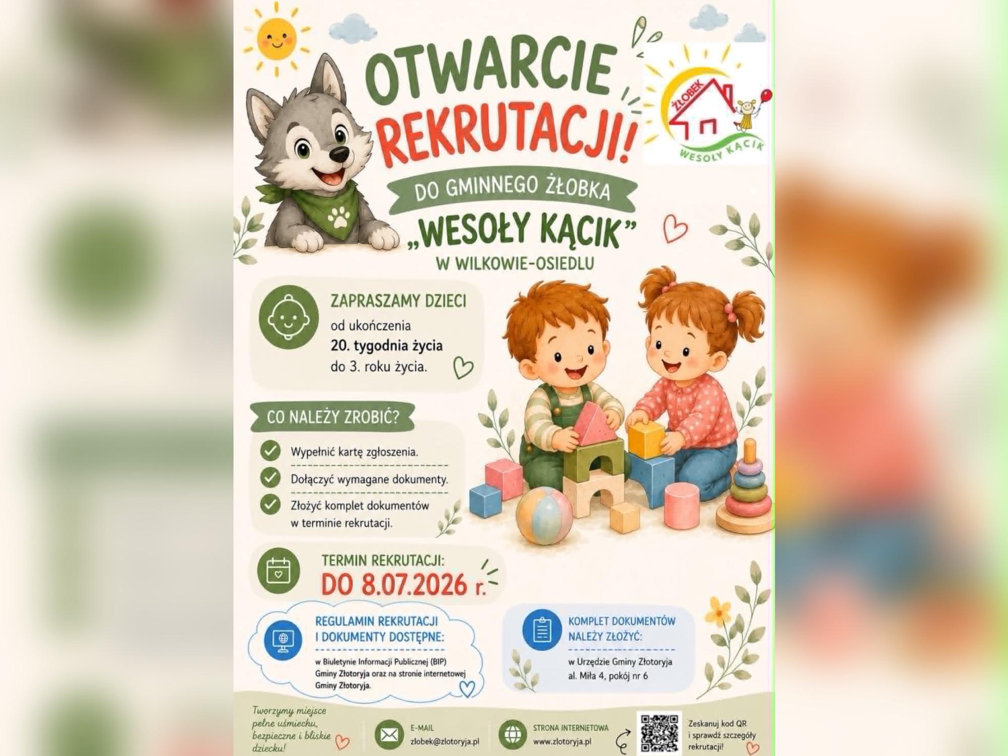 Ruszyła rekrutacja do Gminnego Żłobka „Wesoły Kącik” w Wilkowie-Osiedlu