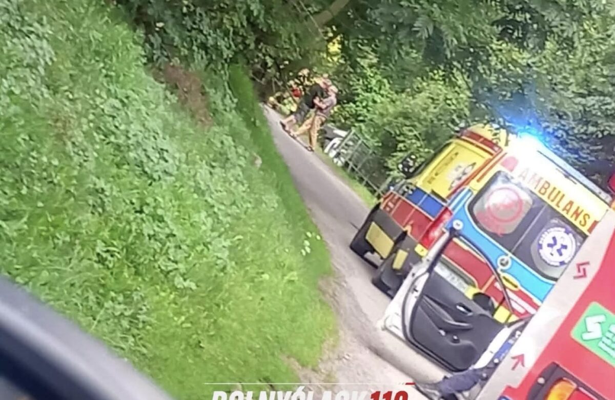 Zablokowana droga po wypadku w Lubiechowej. Samochód osobowy wpadł do rowu