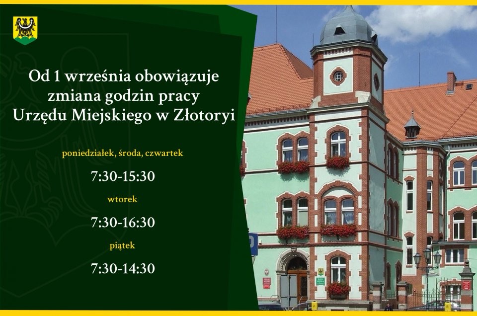 Zmiana godzin pracy Urzędu Miejskiego w Złotoryi. Nowy harmonogram od 1 września