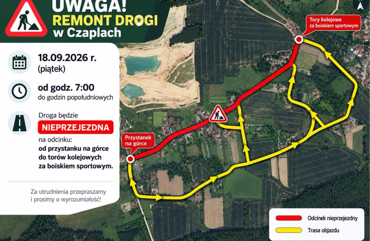 Czasowe zamknięcie drogi w Czaplach. Kierowcy muszą liczyć się z utrudnieniami